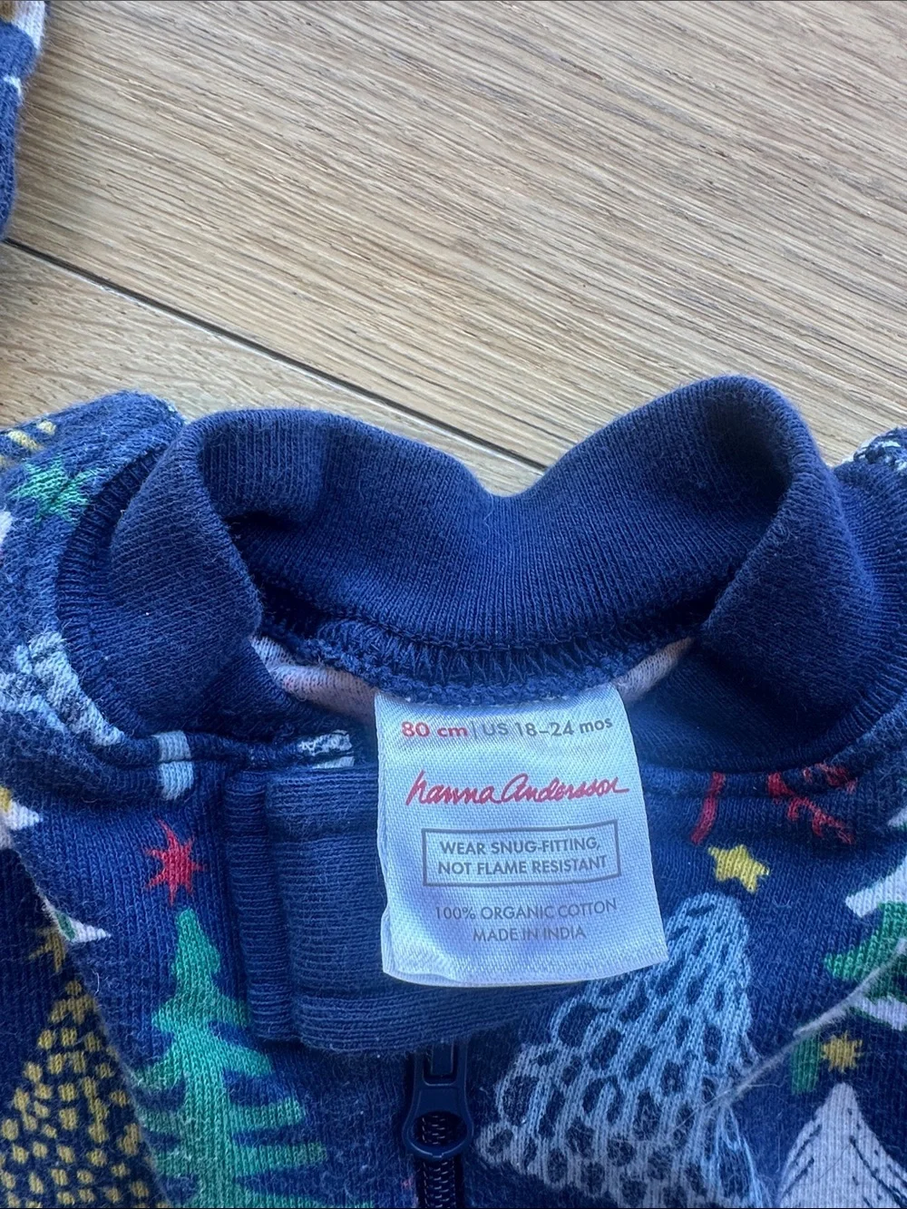Hanna Andersson Navy Fleece One-Piece with Multicolor Tree Print